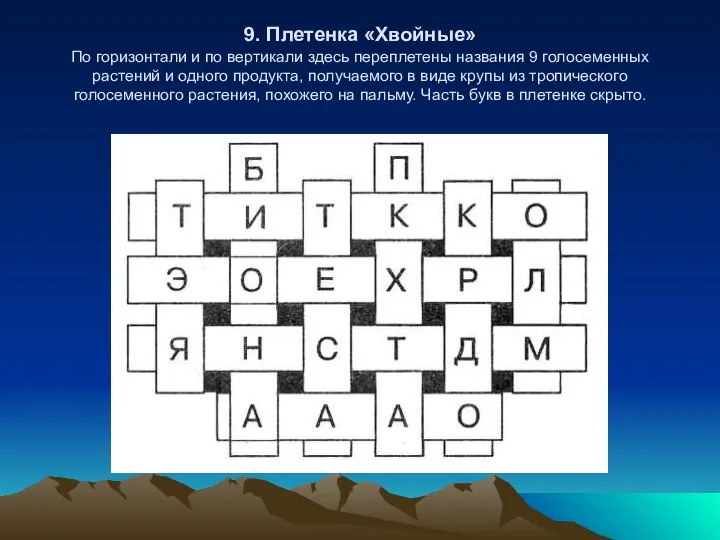 9. Плетенка «Хвойные» По горизонтали и по вертикали здесь переплетены названия