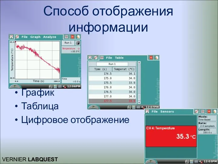 Способ отображения информации График Таблица Цифровое отображение VERNIER LABQUEST