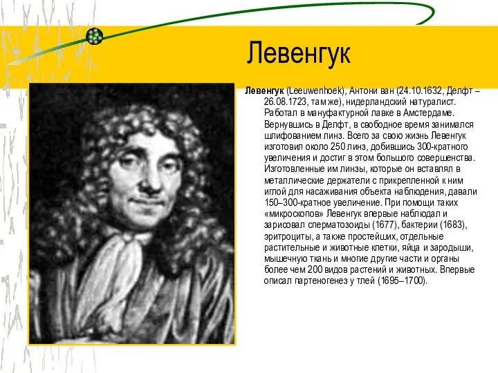 Левенгук Левенгук (Leeuwenhoek), Антони ван (24.10.1632, Делфт – 26.08.1723, там же),