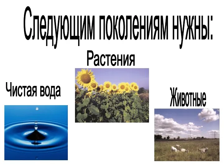 Следующим поколениям нужны: Чистая вода Растения Животные