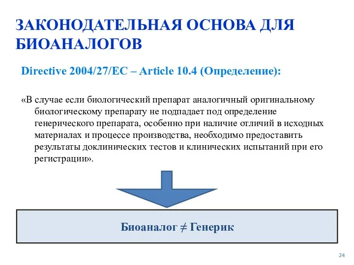 ЗАКОНОДАТЕЛЬНАЯ ОСНОВА ДЛЯ БИОАНАЛОГОВ Directive 2004/27/EC – Article 10.4 (Определение): «В