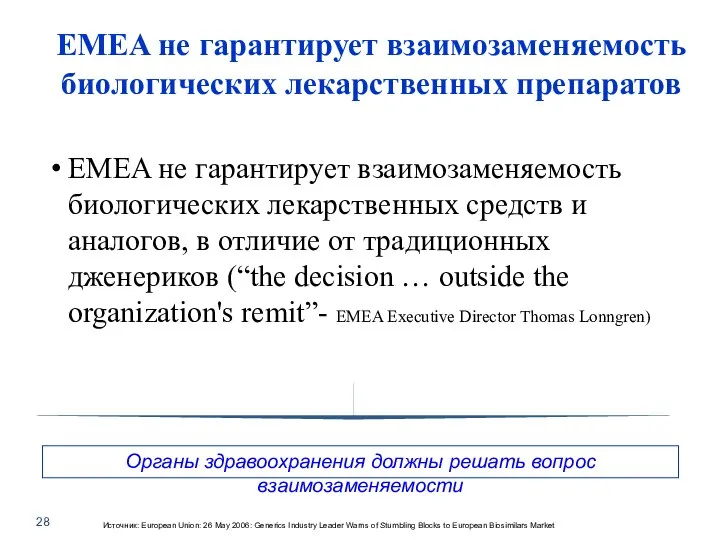 EMEA не гарантирует взаимозаменяемость биологических лекарственных препаратов EMEA не гарантирует взаимозаменяемость