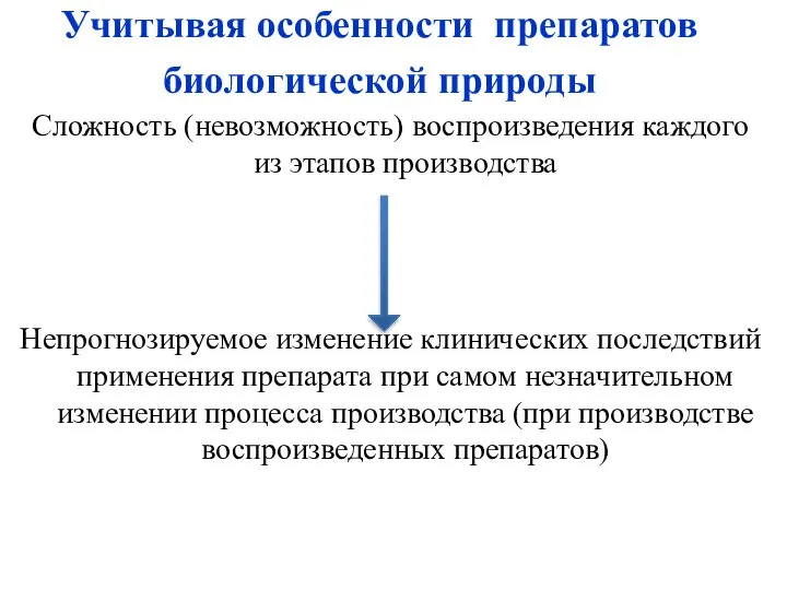 Учитывая особенности препаратов биологической природы Сложность (невозможность) воспроизведения каждого из этапов