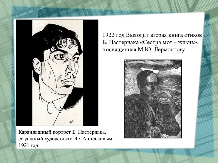 Карандашный портрет Б. Пастернака, созданный художником Ю. Анненковым 1921 год 1922