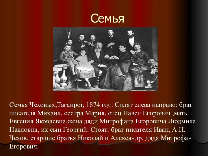 Семья Семья Чеховых,Таганрог, 1874 год. Сидят слева направо: брат писателя Михаил,
