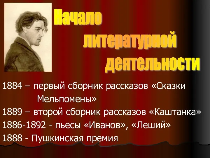 1884 – первый сборник рассказов «Сказки Мельпомены» 1889 – второй сборник