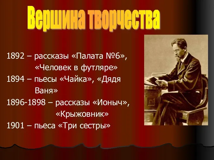 1892 – рассказы «Палата №6», «Человек в футляре» 1894 – пьесы