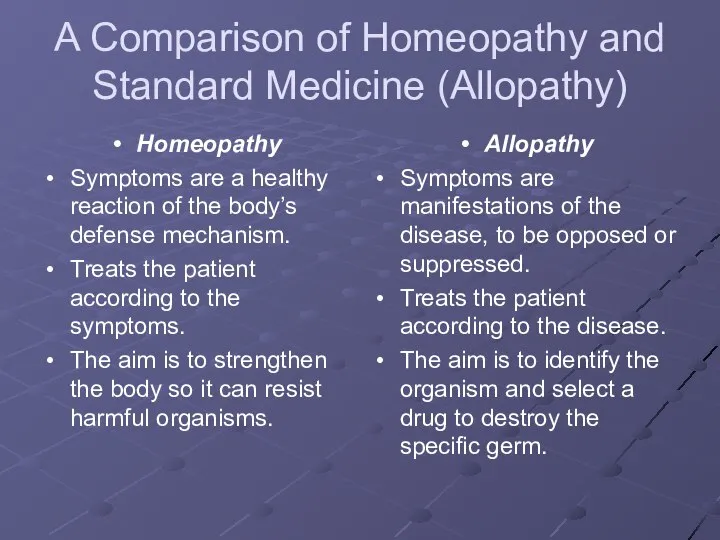 A Comparison of Homeopathy and Standard Medicine (Allopathy) Homeopathy Symptoms are