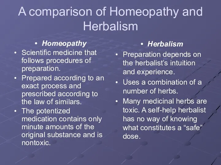 A comparison of Homeopathy and Herbalism Homeopathy Scientific medicine that follows