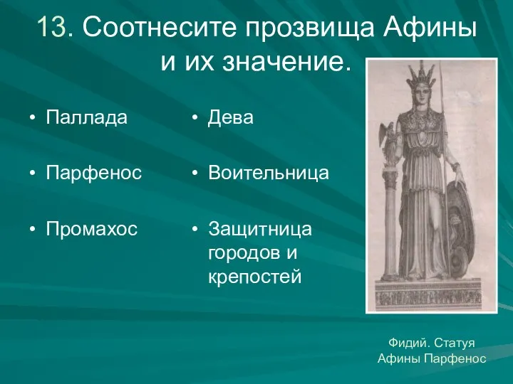 13. Соотнесите прозвища Афины и их значение. Паллада Парфенос Промахос Дева