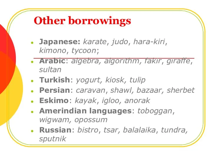 Other borrowings Japanese: karate, judo, hara-kiri, kimono, tycoon; Arabic: algebra, algorithm,