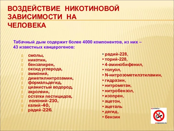 ВОЗДЕЙСТВИЕ НИКОТИНОВОЙ ЗАВИСИМОСТИ НА ЧЕЛОВЕКА смолы, никотин, бензапирен, оксид углерода, аммоний,