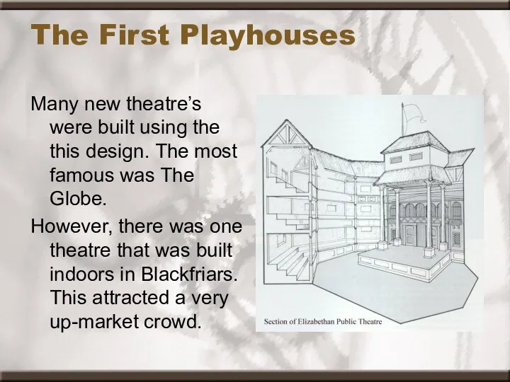 The First Playhouses Many new theatre’s were built using the this