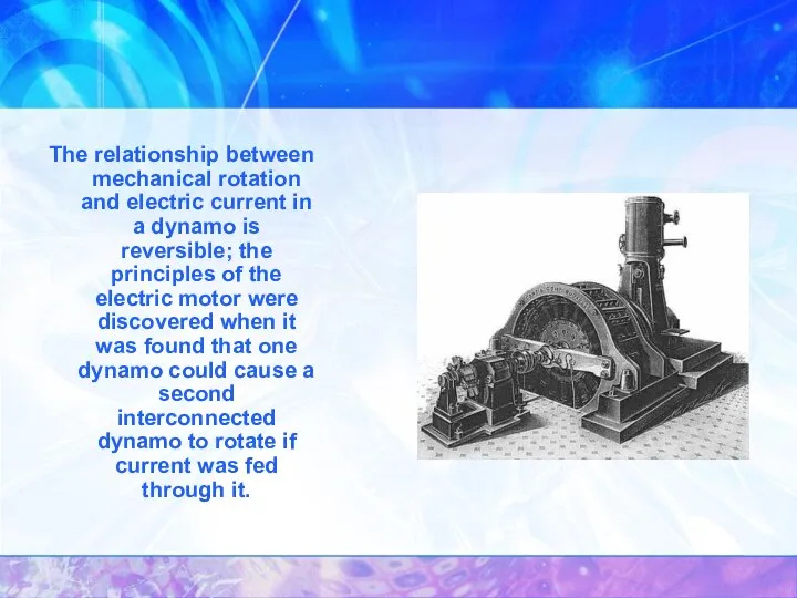 The relationship between mechanical rotation and electric current in a dynamo