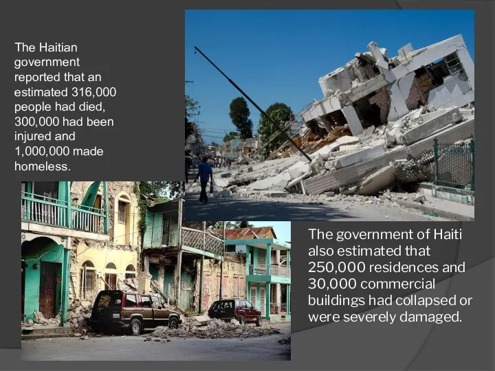 The government of Haiti also estimated that 250,000 residences and 30,000