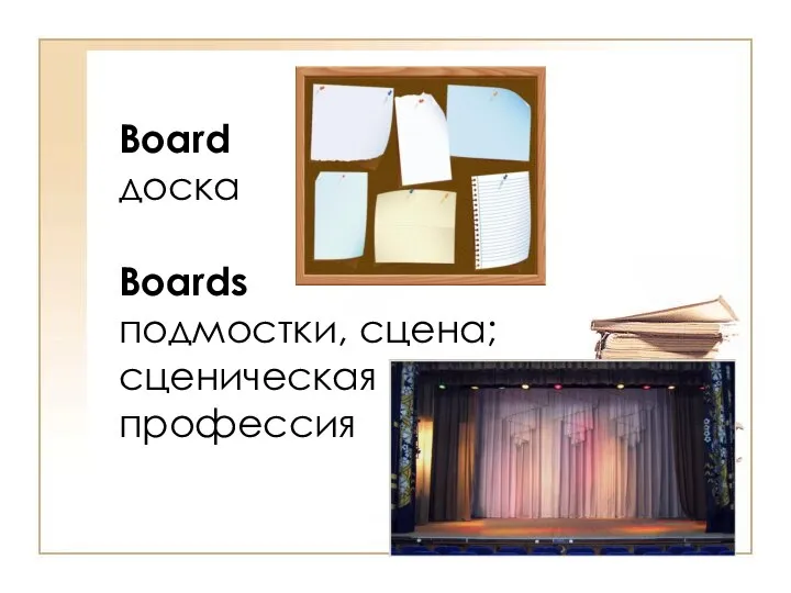 Board доска Boards подмостки, сцена; сценическая профессия