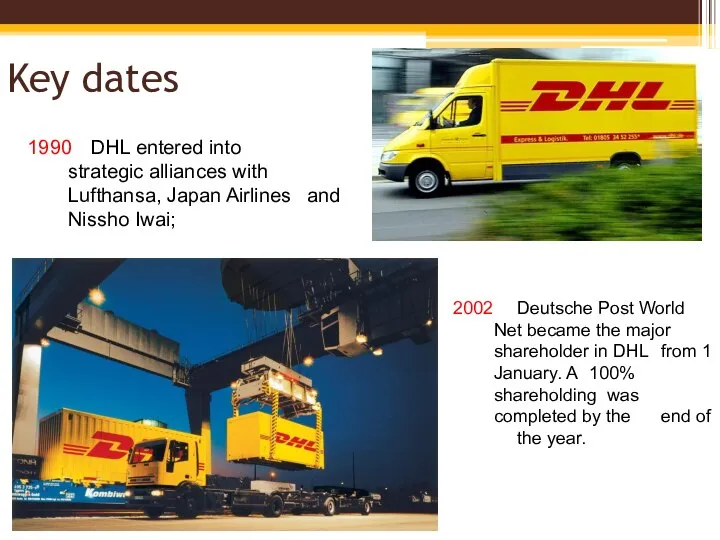 Key dates 1990 DHL entered into strategic alliances with Lufthansa, Japan