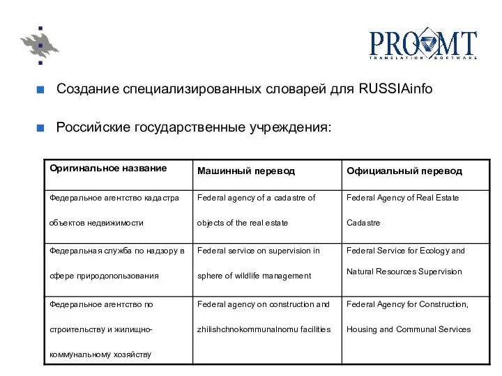 Создание специализированных словарей для RUSSIAinfo Российские государственные учреждения: