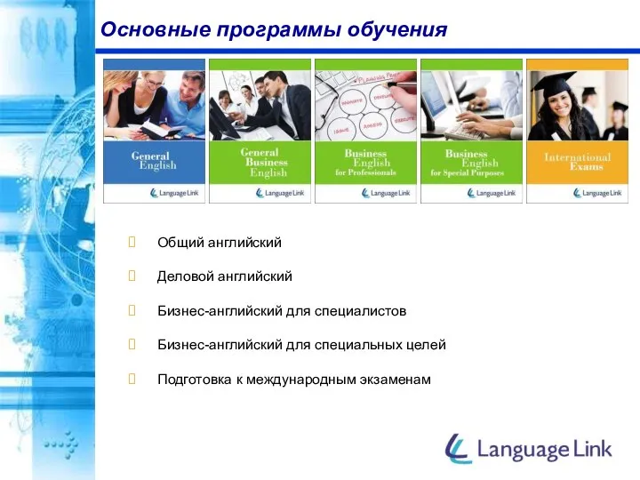 Основные программы обучения Общий английский Деловой английский Бизнес-английский для специалистов Бизнес-английский