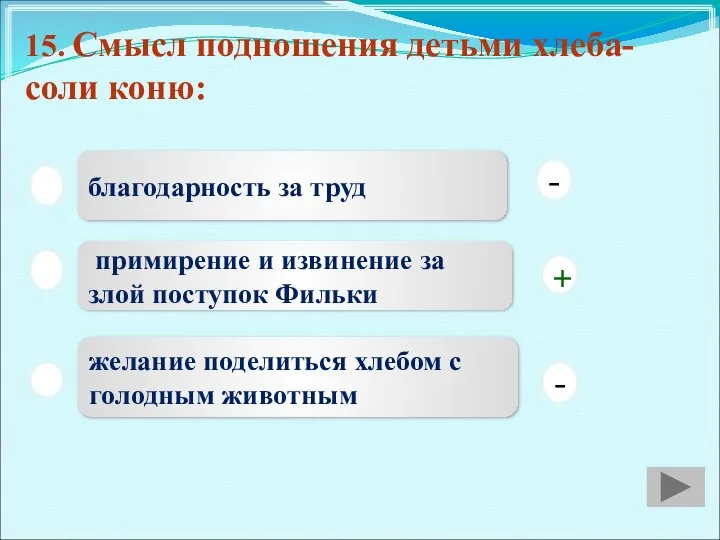 15. Смысл подношения детьми хлеба-соли коню: благодарность за труд примирение и