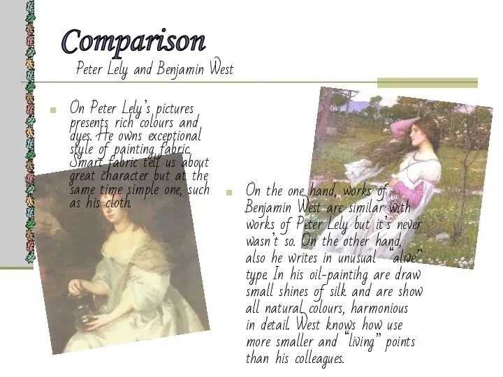 Comparison Peter Lely and Benjamin West On Peter Lely’s pictures presents