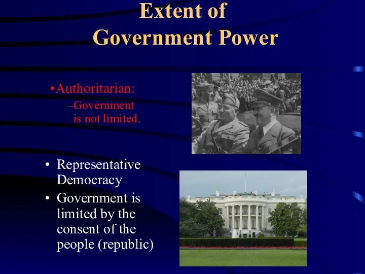 Extent of Government Power Representative Democracy Government is limited by the