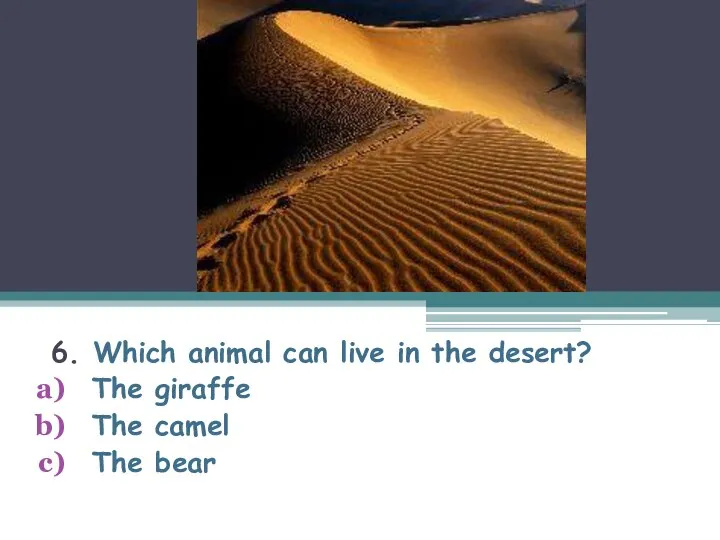 6. Which animal can live in the desert? The giraffe The camel The bear