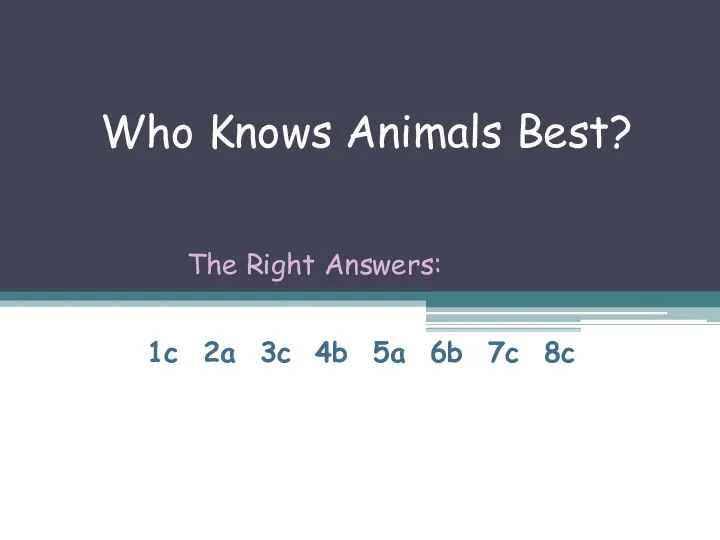 Who Knows Animals Best? 1c 2a 3c 4b 5a 6b 7c 8c The Right Answers: