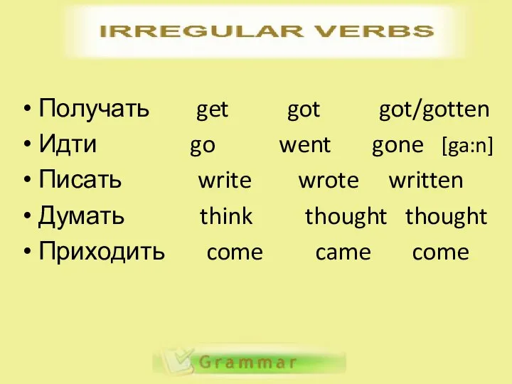 Получать get got got/gotten Идти go went gone [ga:n] Писать write