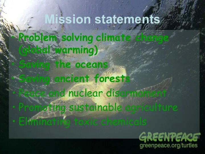 Mission statements Problem solving climate change (global warming) Saving the oceans