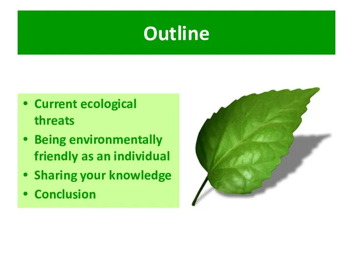 Outline Current ecological threats Being environmentally friendly as an individual Sharing your knowledge Conclusion