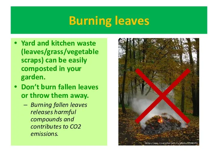 Burning leaves Yard and kitchen waste (leaves/grass/vegetable scraps) can be easily