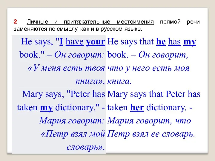 2 Личные и притяжательные местоимения прямой речи заменяются по смыслу, как и в русском языке: