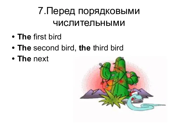 7.Перед порядковыми числительными The first bird The second bird, the third bird The next