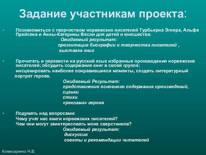 Задание участникам проекта: Познакомиться с творчеством норвежских писателей Турбьерна Эгнера, Альфа