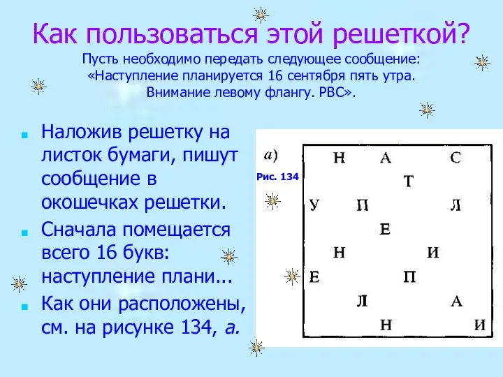 Наложив решетку на листок бумаги, пишут сообщение в окошечках решетки. Сначала