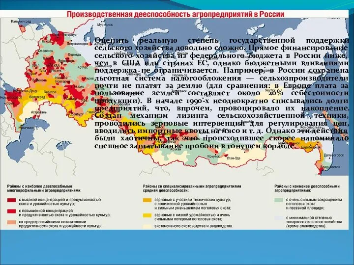 Оценить реальную степень государственной поддержки сельского хозяйства довольно сложно. Прямое финансирование