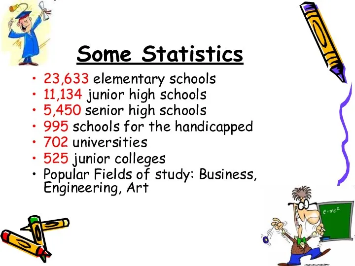 Some Statistics 23,633 elementary schools 11,134 junior high schools 5,450 senior