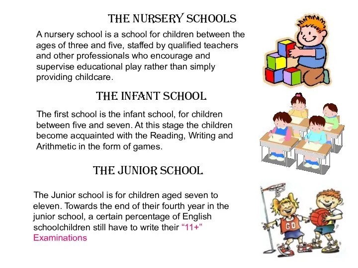 The Nursery schools A nursery school is a school for children