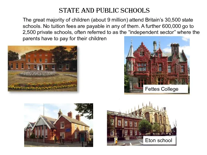 State and Public schools Fettes College Eton school The great majority