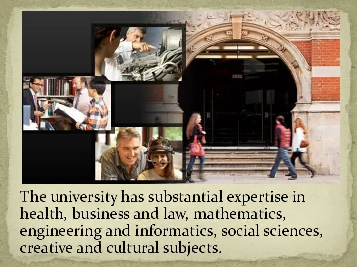 The university has substantial expertise in health, business and law, mathematics,