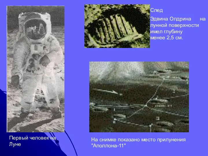 На снимке показано место прилунения "Аполлона-11" След Эдвина Олдрина на лунной