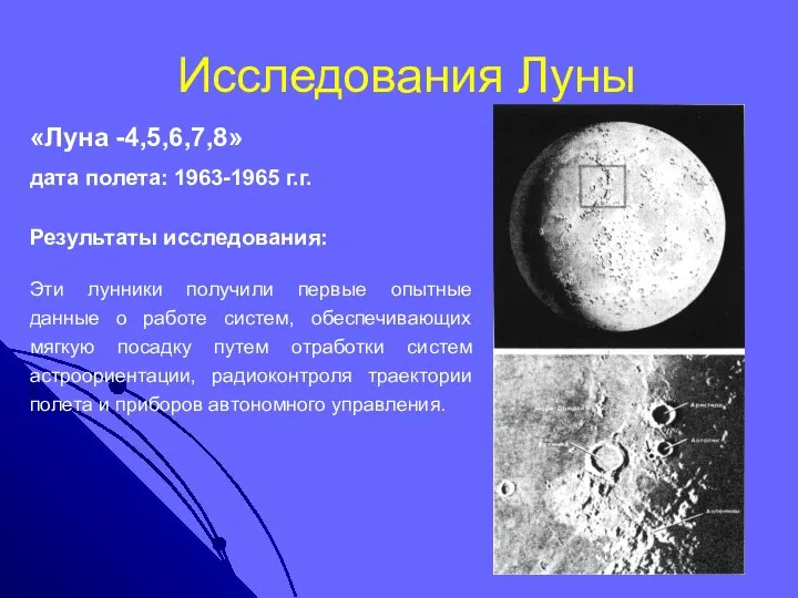 Исследования Луны «Луна -4,5,6,7,8» дата полета: 1963-1965 г.г. Результаты исследования: Эти
