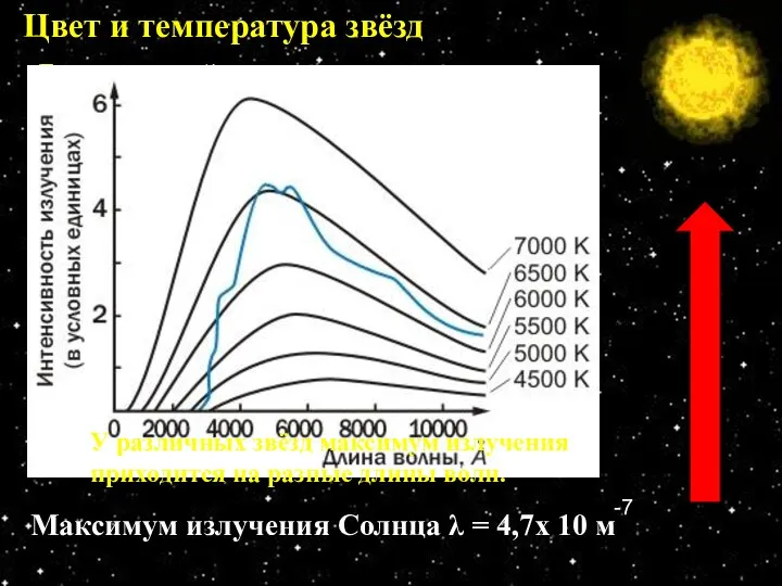 Цвет и температура звёзд Доминирующий цвет в спектре звезды зависит от