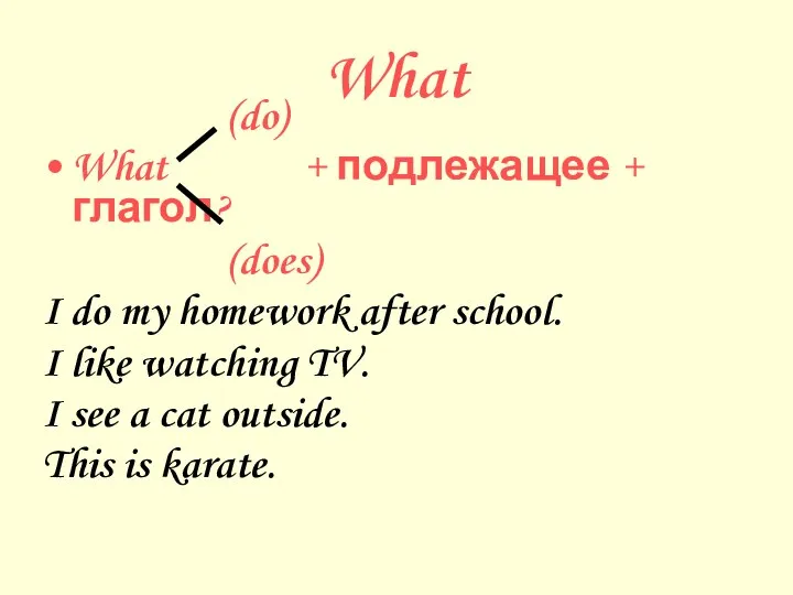 What (do) What + подлежащее + глагол? (does) I do my