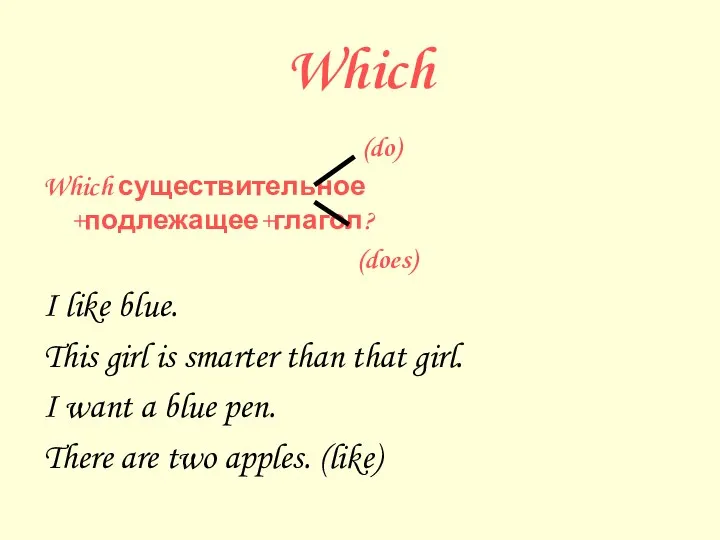 Which (do) Which существительное +подлежащее+глагол? (does) I like blue. This girl