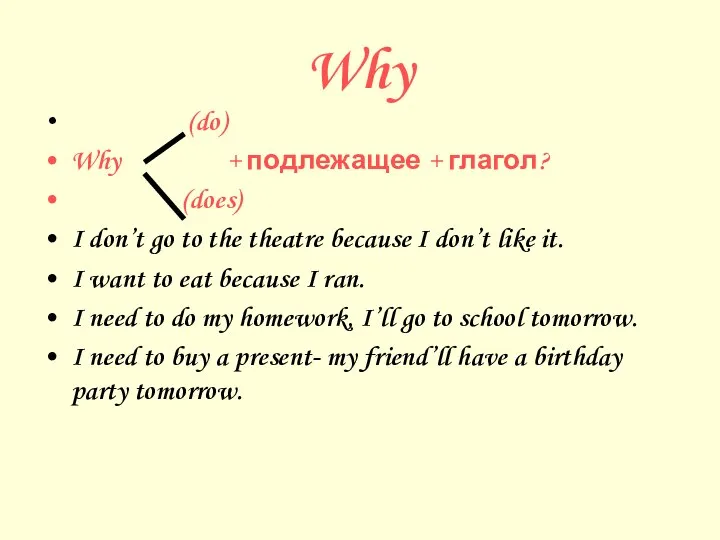 Why (do) Why + подлежащее + глагол? (does) I don’t go