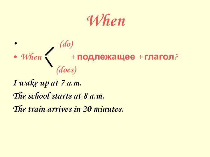 When (do) When + подлежащее + глагол? (does) I wake up