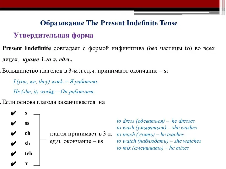 Образование The Present Indefinite Tense Утвердительная форма Present Indefinite совпадает с