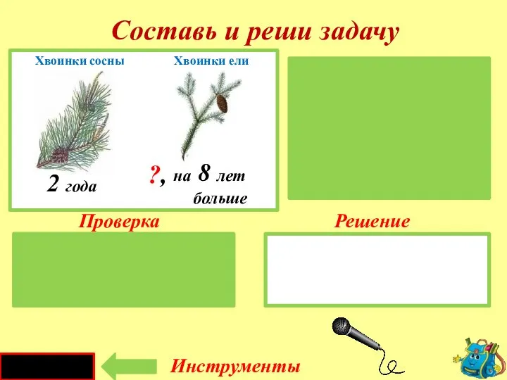 Проверка Решение 2 + 8 = 10 ( л.) Хвоя сосны